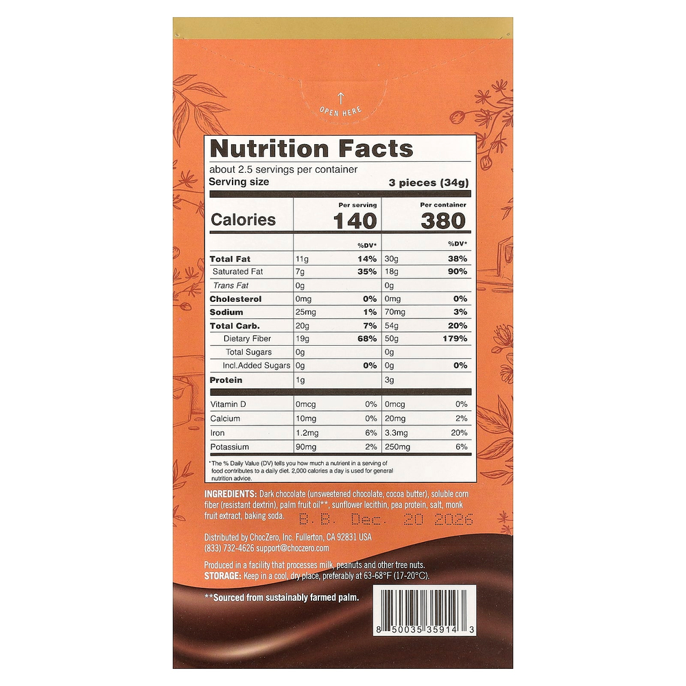 ChocZero, Keto Bark, темный шоколад, хрустящая карамель, 8 батончиков, 90 г (3,2 унции)