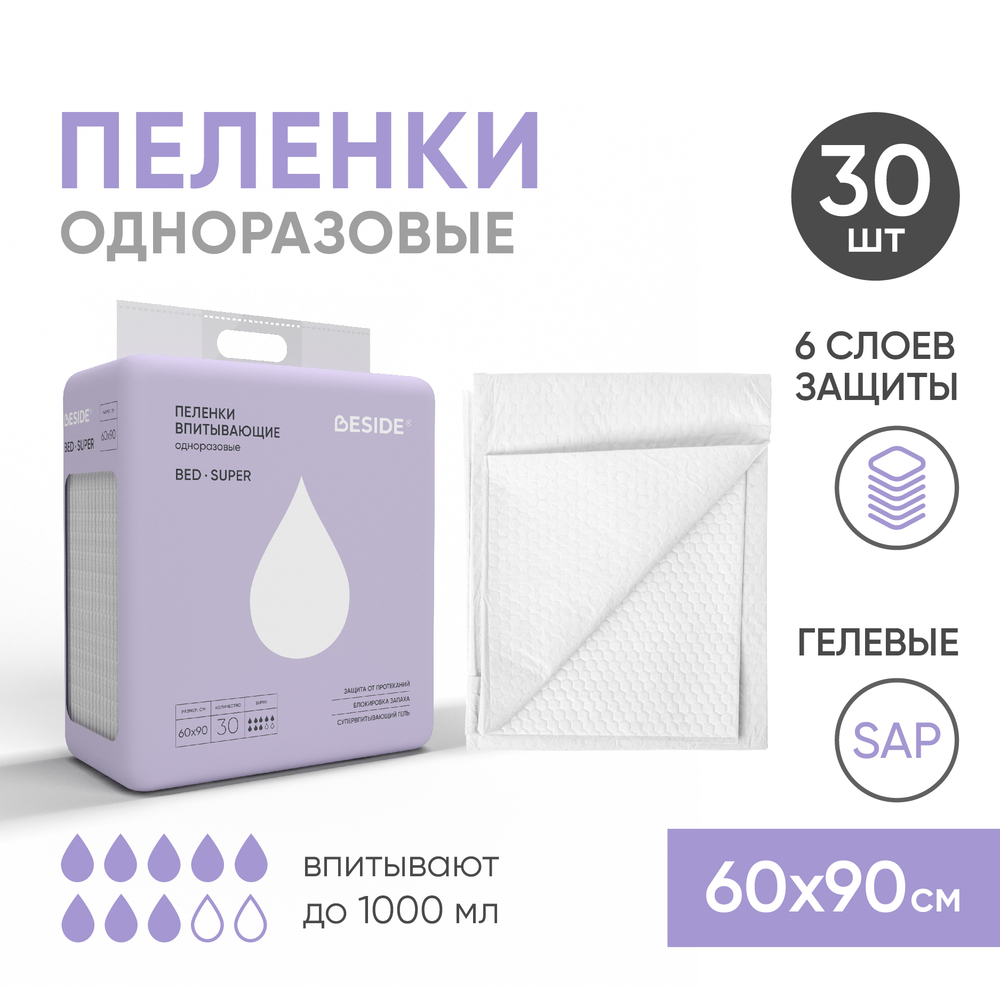 Пеленка впитывающая одноразовая 60х90 см Beside, штука