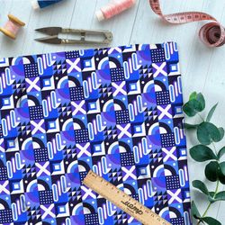 Ткань лён мелкий графичный узор на синем фоне