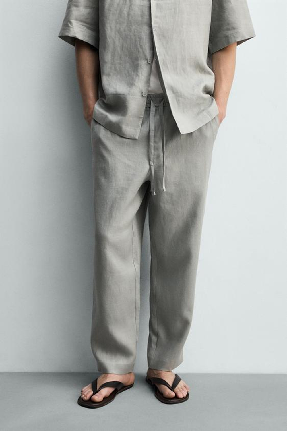 ZARA БРЮКИ RELAXED FIT ИЗ 100% ЛЬНА, СВЕТЛО-СЕРЫЙ
