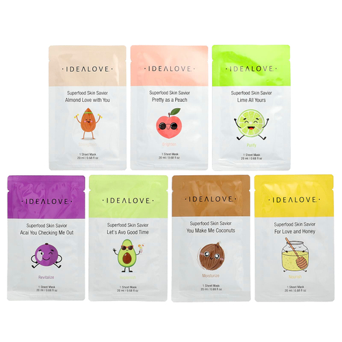 Idealove, Superfood Skin Savior, набор разных масок с суперфудами, 7 тканевых масок по 20 мл (0,68 жидк. унции)