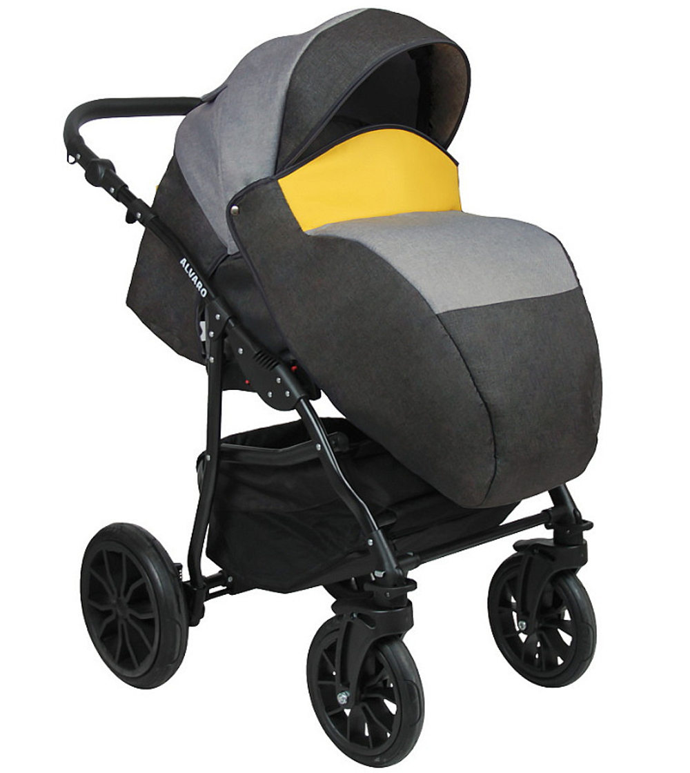 Детская коляска Alis Alvaro F 3 в 1 Al 02 т.серый+св.серый+желтая кожа