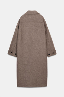 ZARA ПАЛЬТО ОВЕРСАЙЗ С ШЕРСТЬЮ И КОНТРАСТНЫМИ МАНЖЕТАМИ, ТЕМНЫЙ СЕРО-КОРИЧНЕВЫЙ