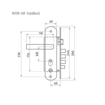 Замок врезной Нора-М, N200 - 68 мм, правый, матовый никель/черный никель