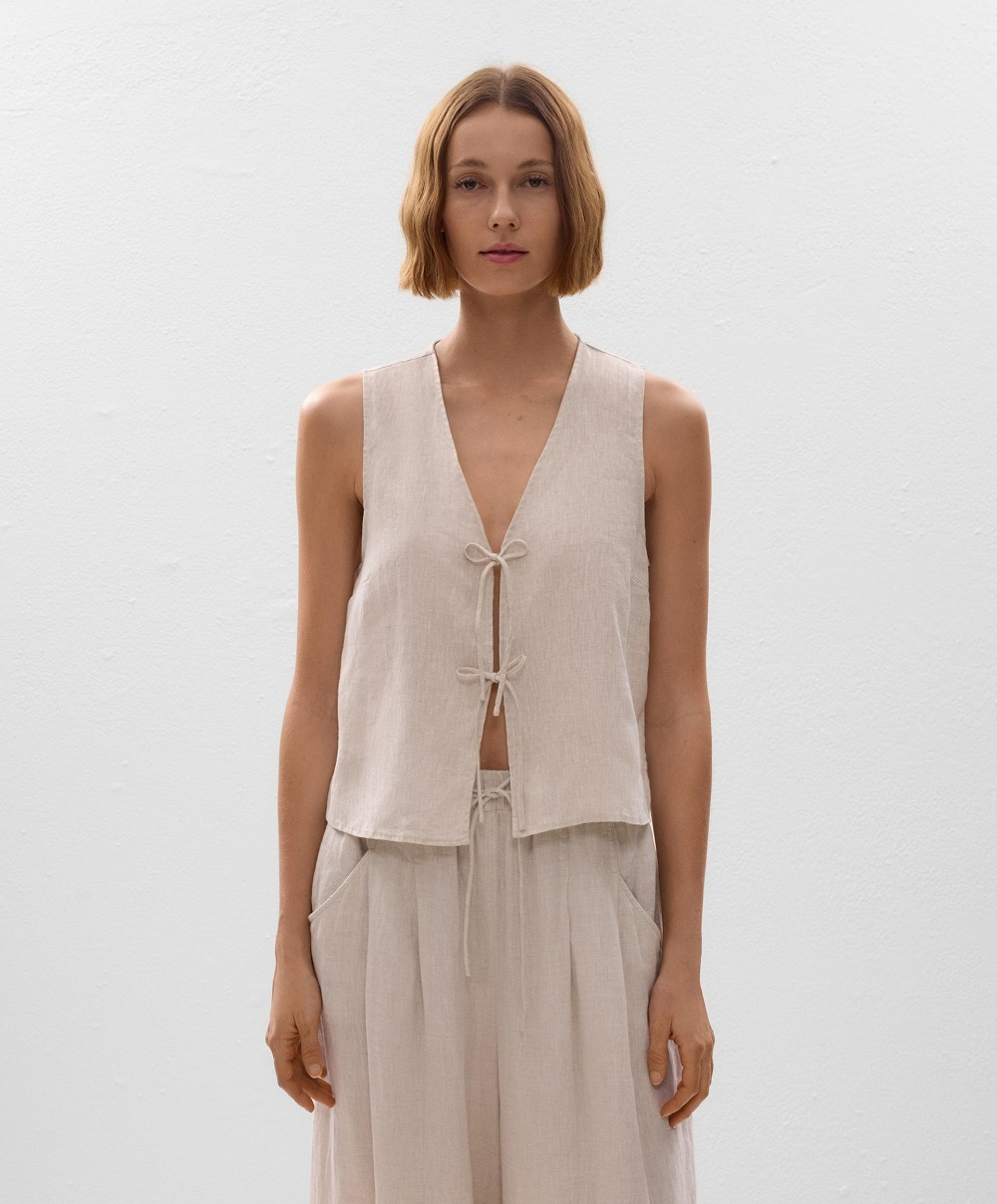 Oysho Топ с завязками из 100% льна, песочный меланж