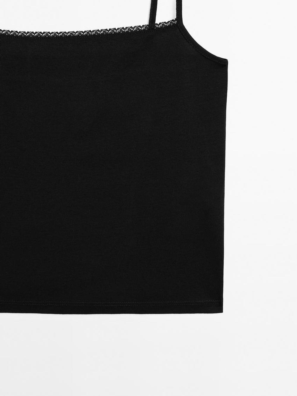 Massimo Dutti Трикотажный топ на бретелях с кружевом, черный