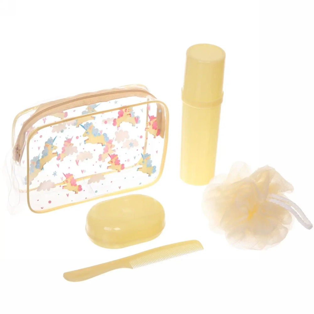 Набор банный дорожный 4шт «Traveler-Единорог», цв желтый, (мочалка, футляр 2шт, расческа), 20*12*6