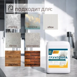 Грунтовка для стен потолков, акриловая, водная, универсальная глубокого проникновения baza 5 л 5 КГ ВД-АК 01 противоплесневая противогрибковая для строительных работ перед поклейкой обоев покраской