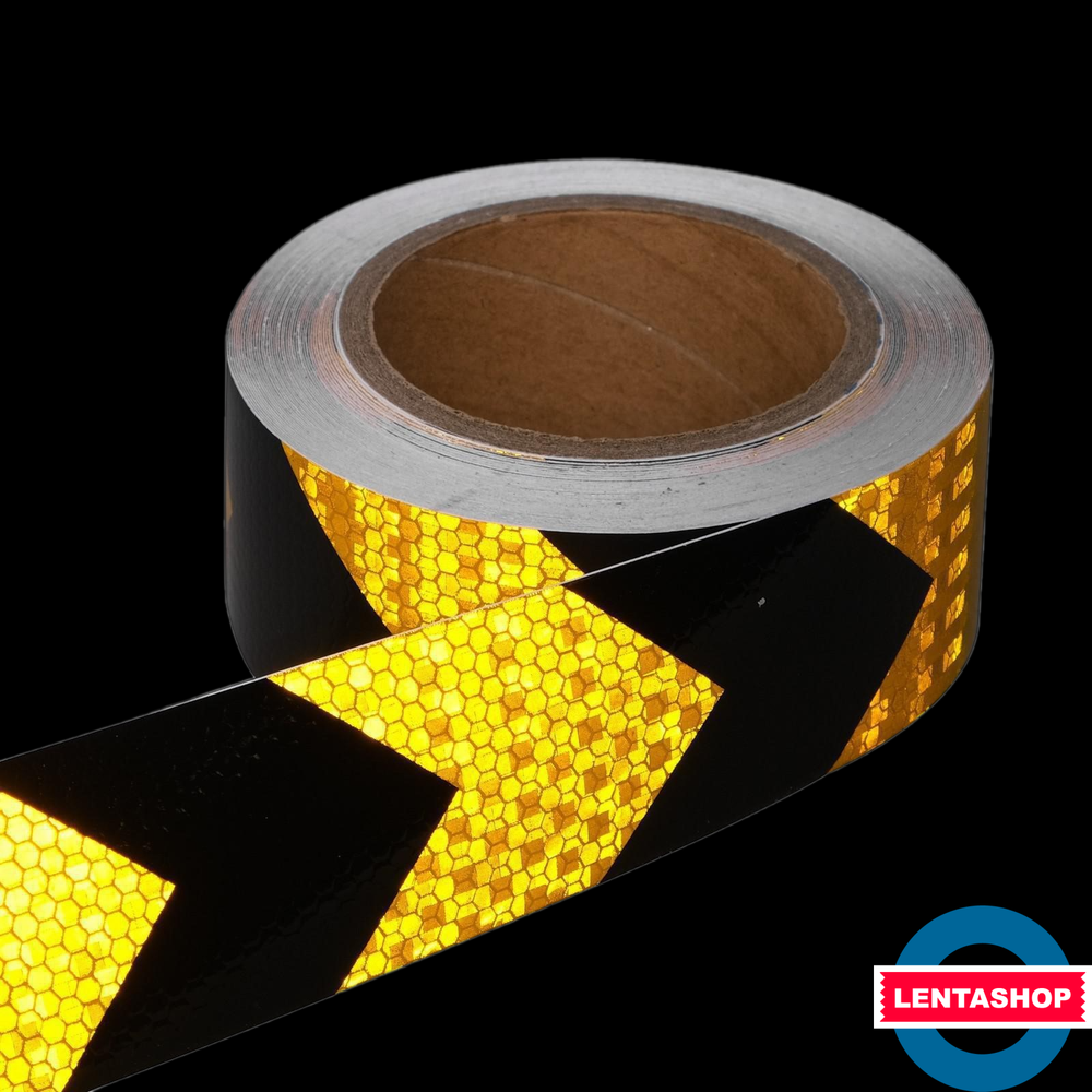 Чёрно-жёлтая светоотражающая лента стрелка 5 см х 15 м