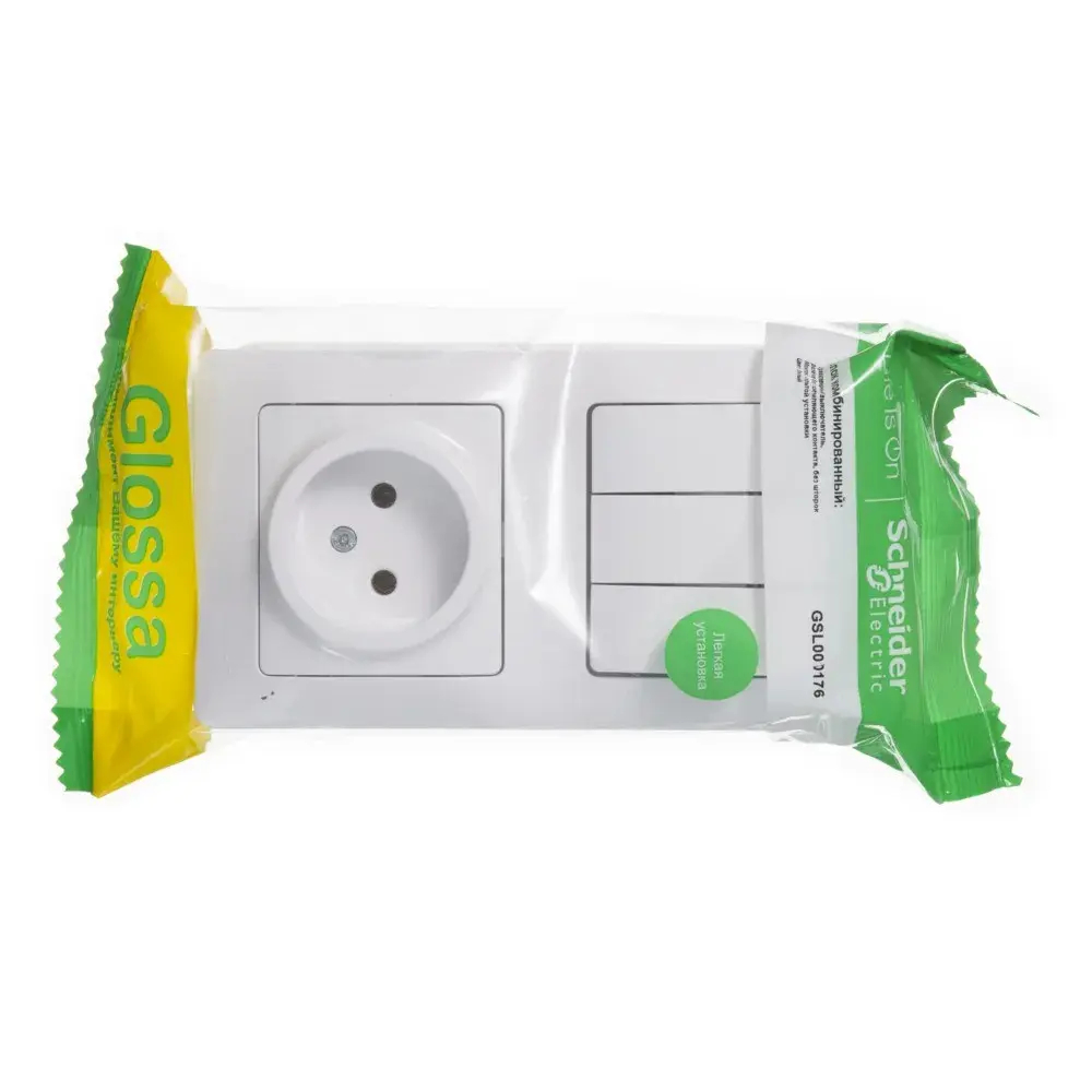 GLOSSA БЛОК: РОЗЕТКА без заземления + 3-клавишный ВЫКЛЮЧАТЕЛЬ, БЕЛЫЙ