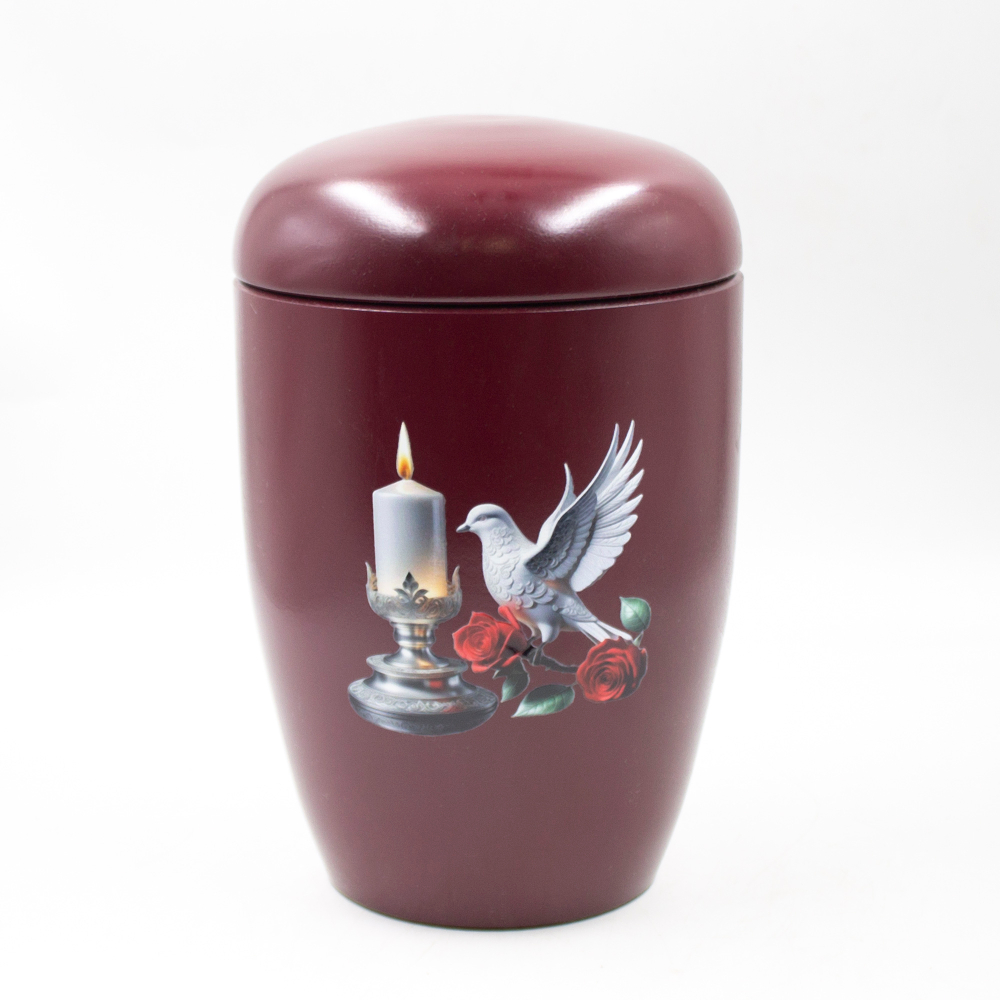 Урна для праха биоразагаемая "Эдем" бордовая Свеча и голубь