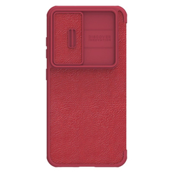 Кожаный чехол книжка красного цвета от Nillkin для Samsung Galaxy S23, серия Qin Pro Leather с защитной шторкой для камеры