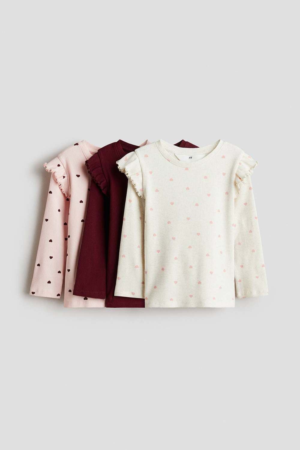 H&M Набор из трех хлопковых футболок с длинным рукавом, светло-розовый