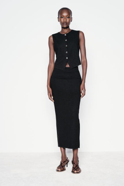 ZARA ЖИЛЕТ ИЗ ЭЛАСТИЧНОГО ТРИКОТАЖА С ПУГОВИЦАМИ, ЧЕРНЫЙ