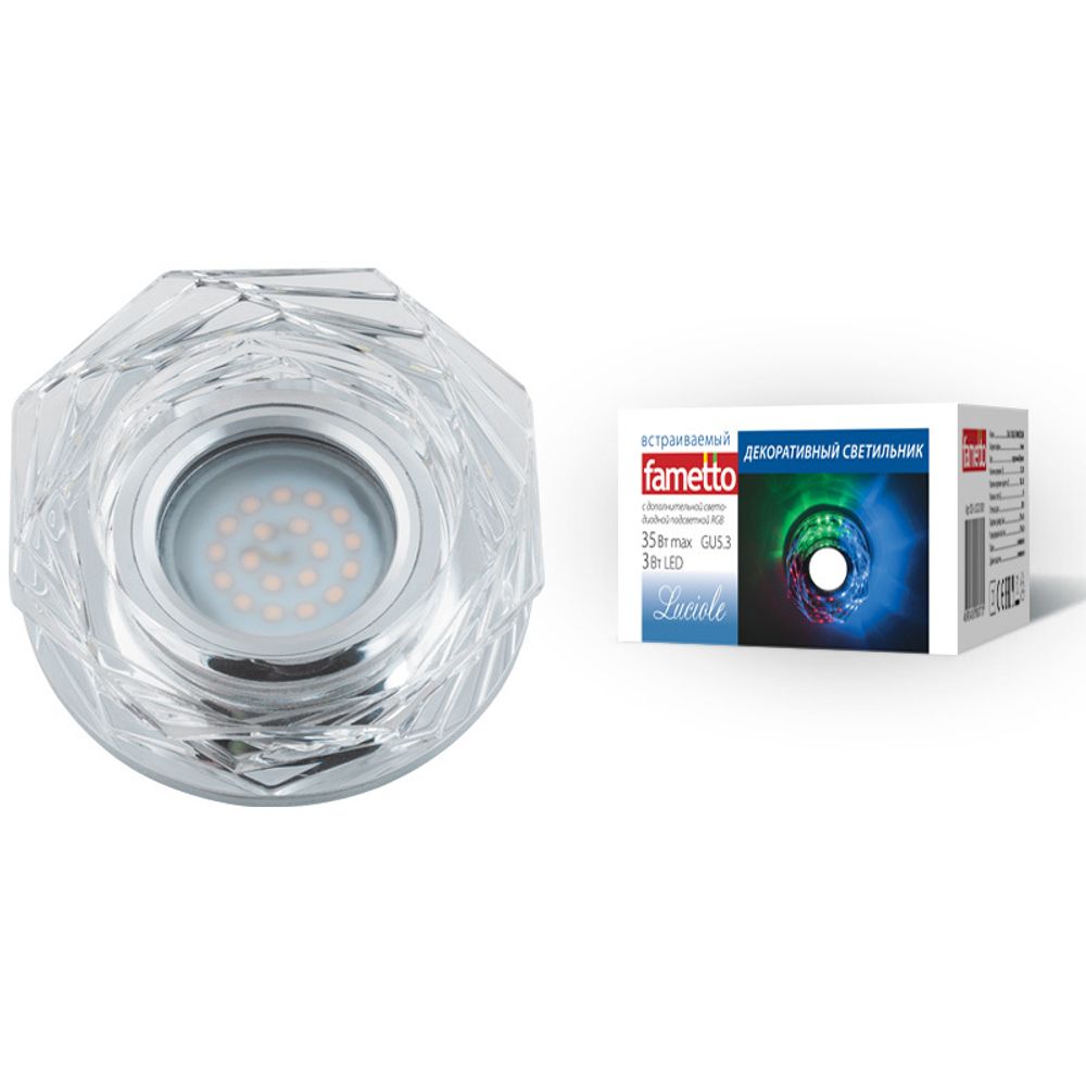 DLS-L122 GU5.3 GLASSY/CLEAR/RGB Светильник декоративный встраиваемый, серия Luciole. Без лампы, GU5.3. Доп. светодиодная подсветка 3Вт, цвет RGB.  Сте