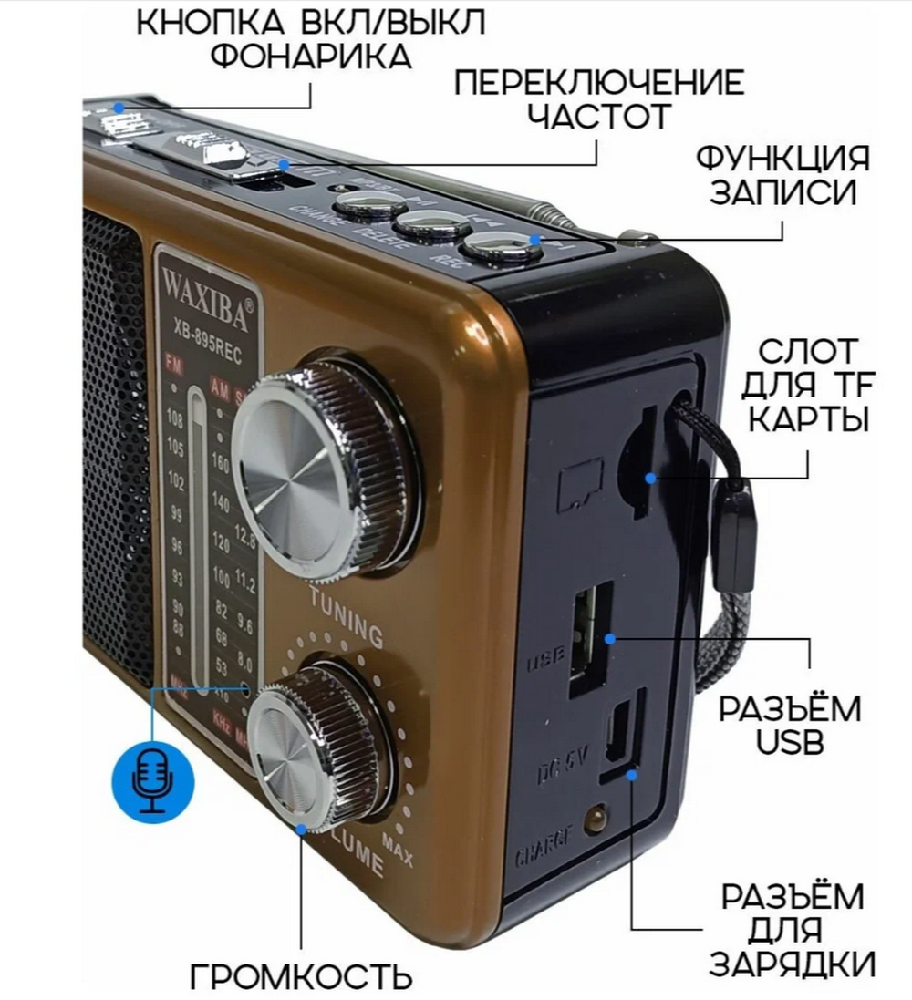 Радиоприемник Waxiba XB-895REC (USB/TF/BT) фонарик