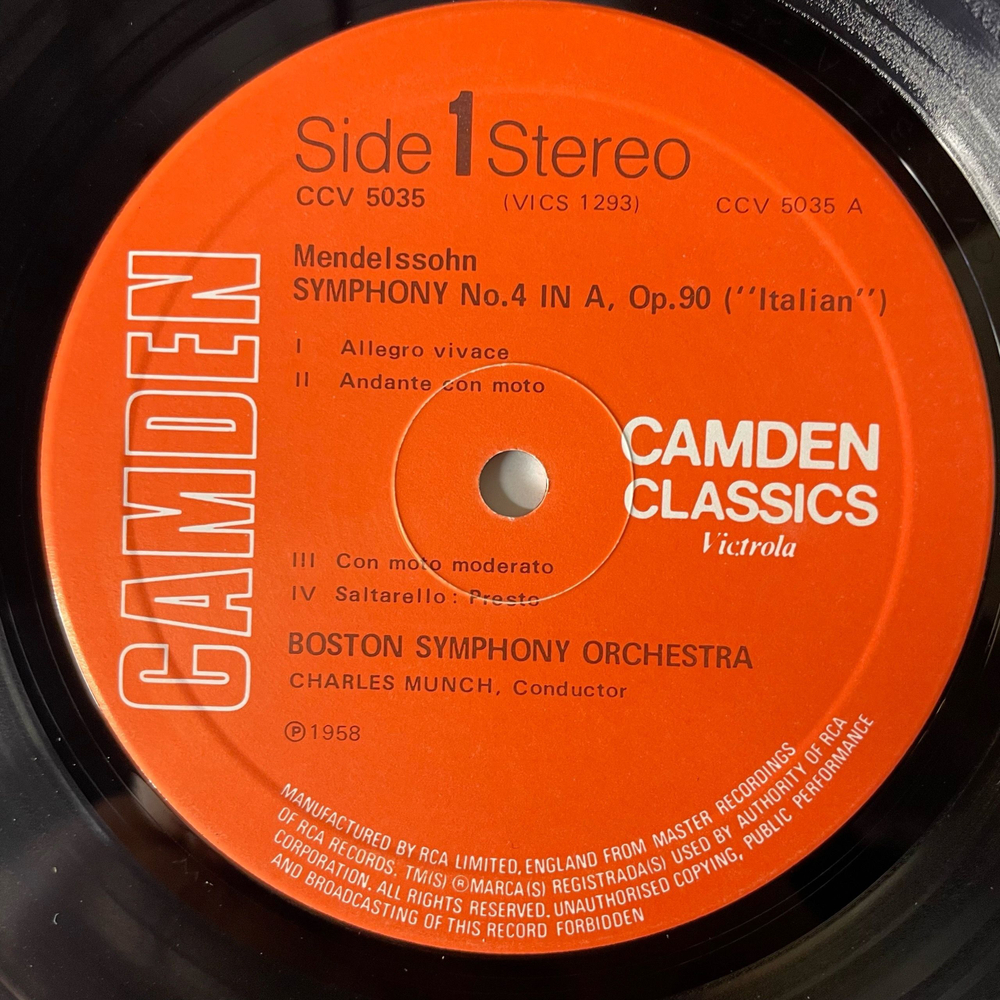 Винтажная виниловая пластинка LP Mendelssohn Мендельсон, Boston Symphony Orchestra, Charles Munch, Symphony No. 4 In A Italian, Symphony No. 5 In D Minor Reformation (Англия 1960)