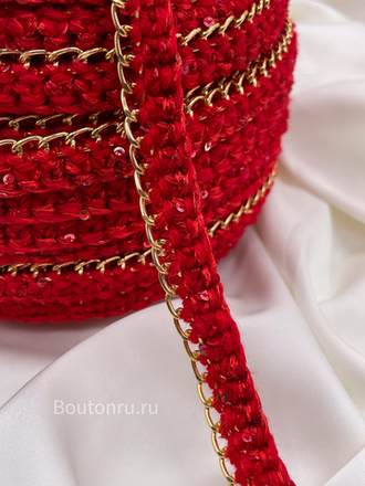 Тесьма красная плетеная с золотой цепью и пайетками