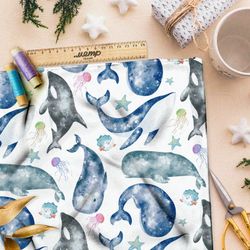 Ткань шелк Армани звёздные киты и медузы на белом фоне