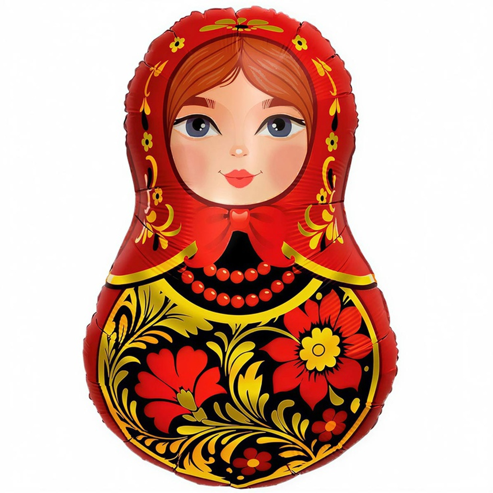 Шар Фольгированный Матрешка Золотая роспись (Черный)