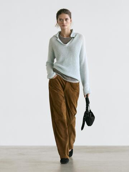 Massimo Dutti Трикотажный свитер поло из смесовой альпаки, небесно-голубой