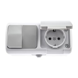 Блок розетка с выключателем Intro Atlantic 5-702-03 двойным 2P+E 10-16А-250В открытой установки гориз. IP54 серый