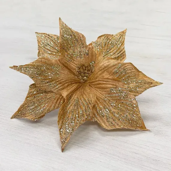 Декоративный цветок Пуансеттия 30 см., розовое золото с блестками, на клипсе, Christmas DeLuxe (87136)