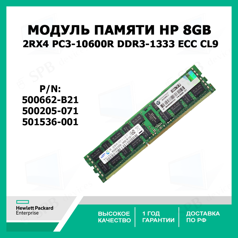 Оперативная память для сервера HP 8Gb 2Rx4 PC3-10600R DDR3-1333 ECC CL9 , 500205-071 , 501536-001 (500662-B21)