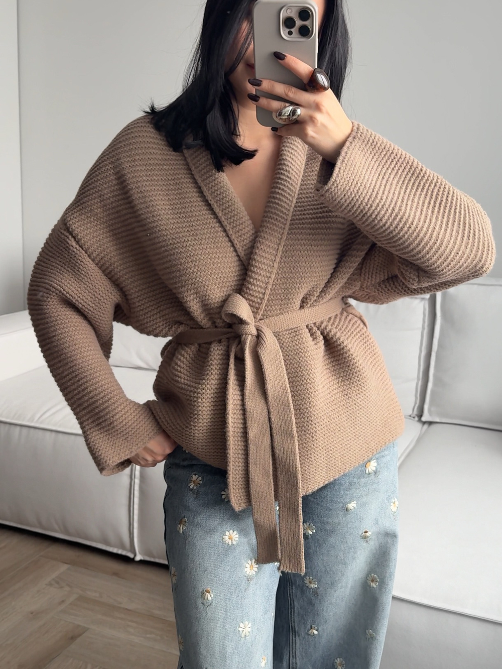 Кардиган из крупной вязки, с поясом