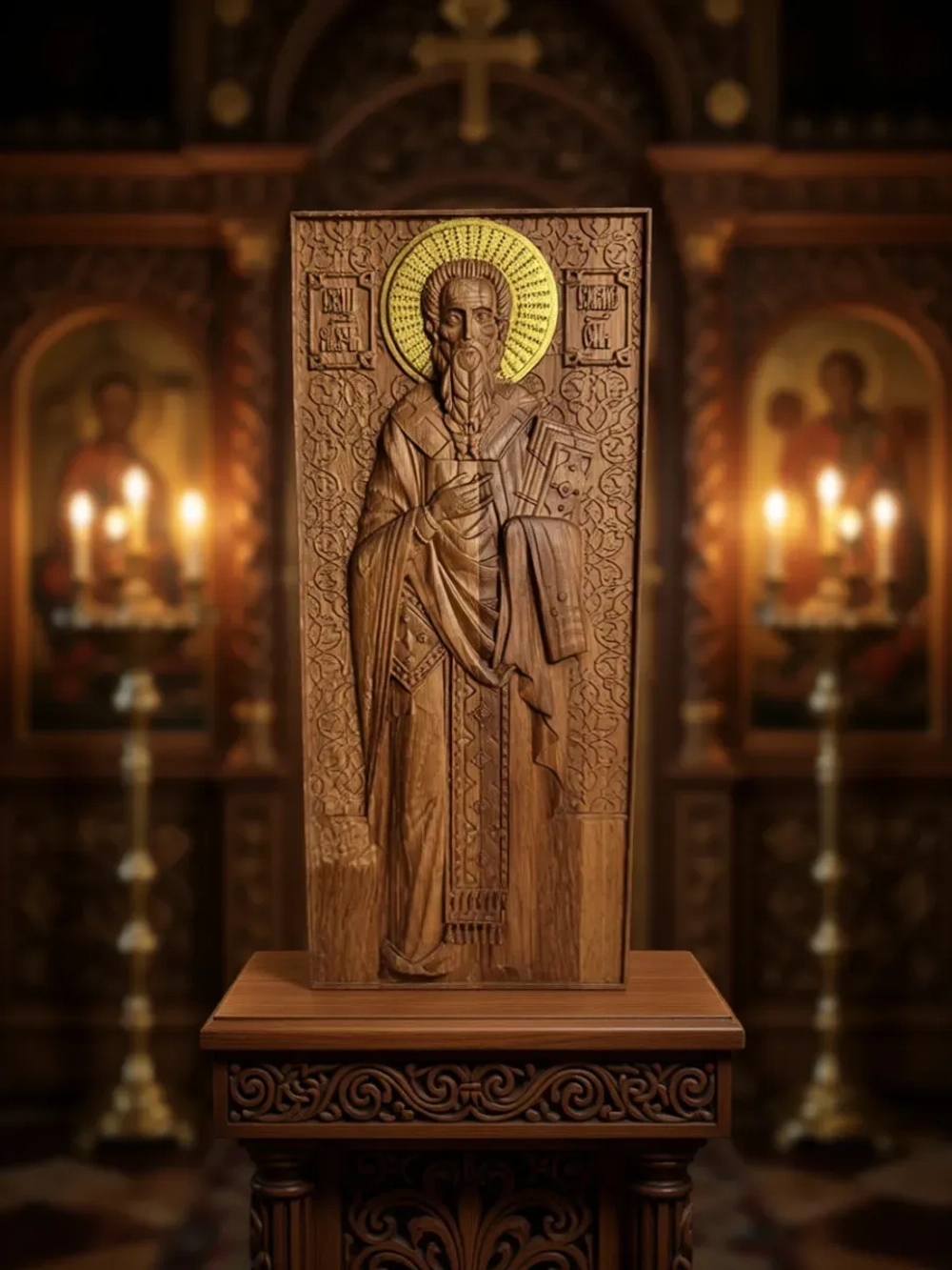 Освященная икона святого Симеона резная из дуба 32.5*14см