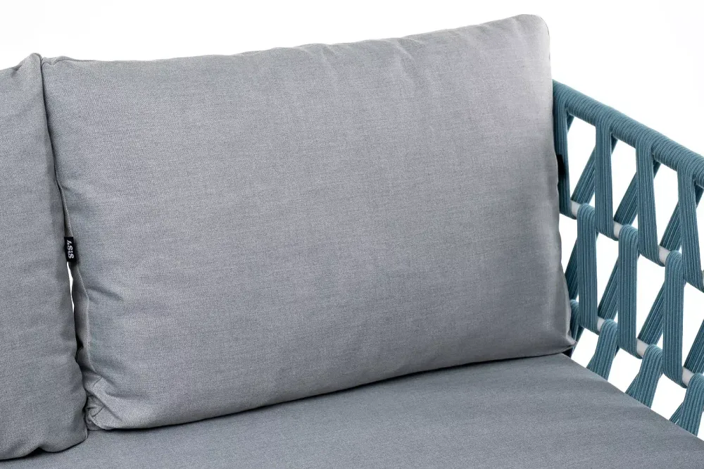 "Диего" диван 2-местный плетеный из роупа, каркас алюминий светло-серый (RAL7035) муар, роуп бирюзовый круглый, ткань светло-серая