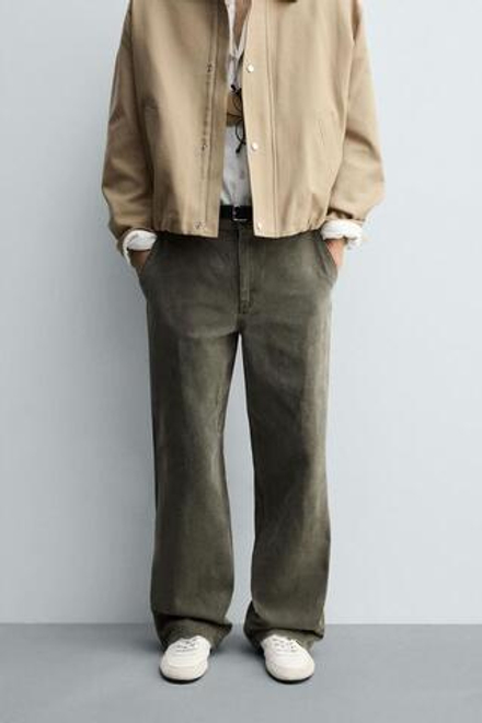 ZARA БРЮКИ WIDE FIT С ЭФФЕКТОМ ПОТЕРТОСТИ, СЕРО-КОРИЧНЕВЫЙ