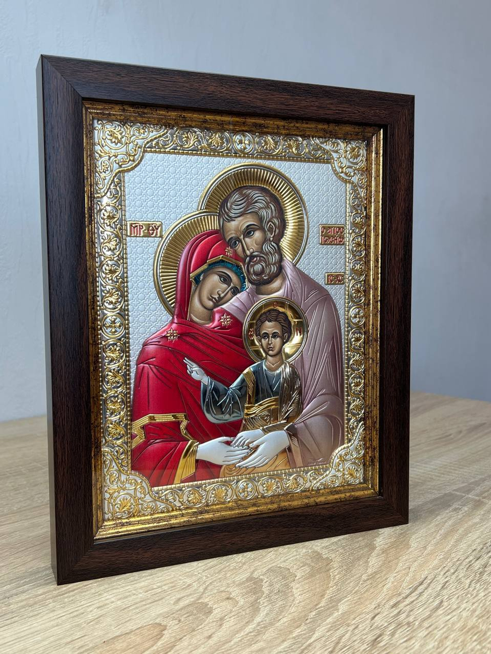 Святое Семейство, икона прямоугольная в рамке под стеклом, красное дерево, эмаль 232х280