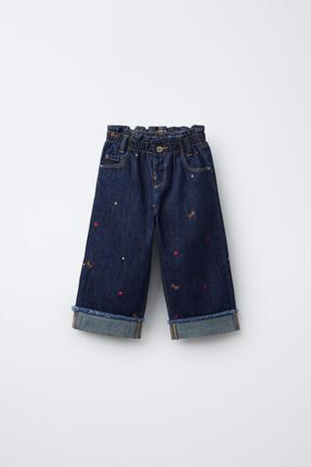 ZARA ДЖИНСЫ-КЮЛОТЫ С ВЫШИВКОЙ В ВИДЕ СОБАКИ, СИНИЙ