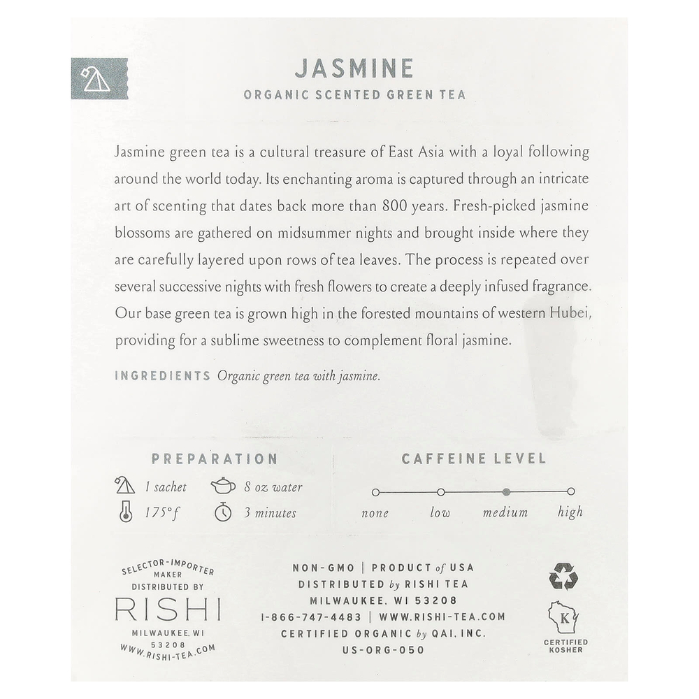 Rishi Tea, Органический ароматизированный зеленый чай, жасмин, 15 пакетиков, 36 г (1,26 унции)