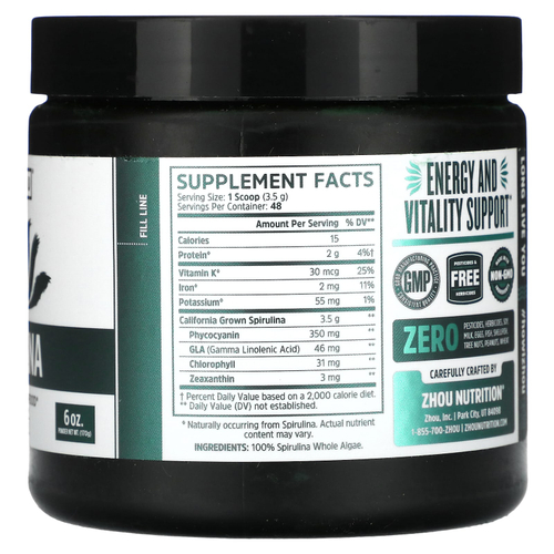 Zhou Nutrition, Спирулина, суперфуд для долголетия, 170 г (6 унций)