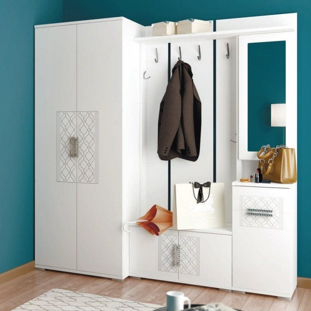 Прихожая с зеркалом комплект мебели Белый Поры Дерева/Белый Глянец, Тиффани, 200,1х51х205,6 см RINNER мебельная фабрика