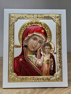 Казанская БМ, икона прямоугольная с рамкой, белое дерево, эмаль 185х235