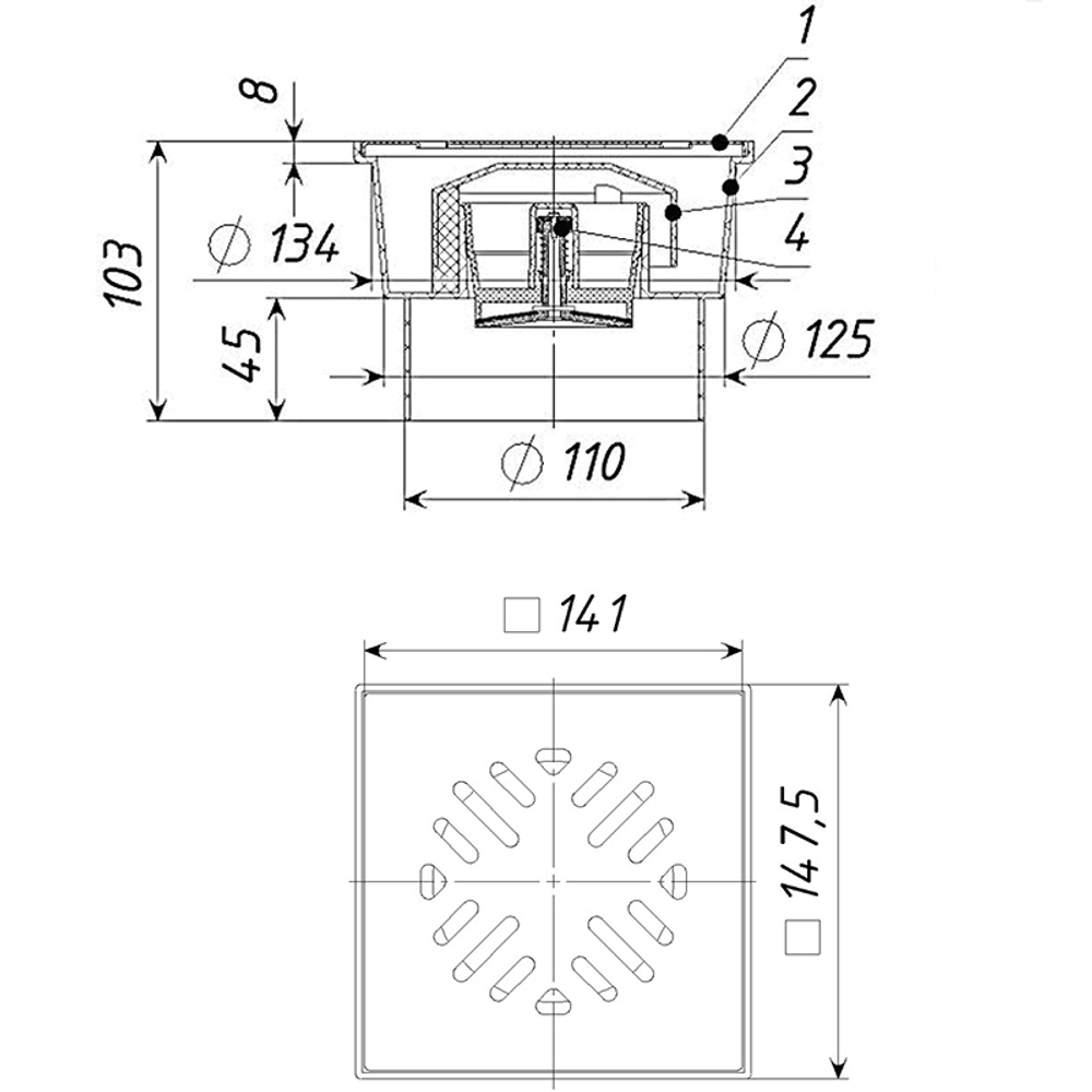 Трап канализационный вертикальный ТП-104.110-150VS(Hs+Ms)