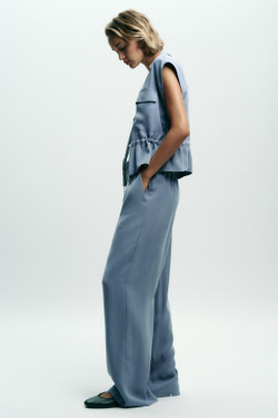 ZARA ШИРОКИЕ БРЮКИ ИЗ МЯГКОЙ ТКАНИ, СЕРО-СИНИЙ