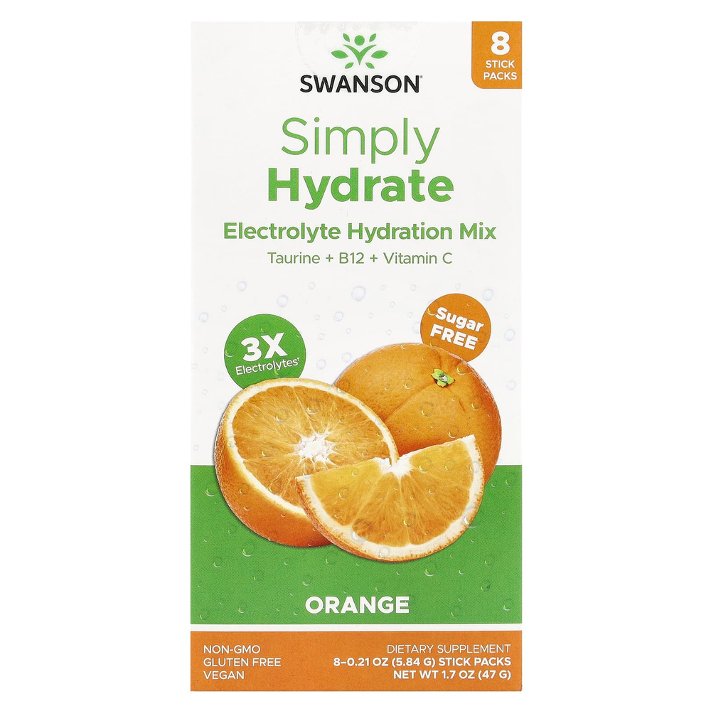 Swanson, Simply Hydrate, смесь для гидратации электролитов, апельсин, 8 пакетиков в виде стиков по 5,84 г (0,21 унции)