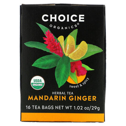 Травяные сборы и чаи Choice Organic Teas, Herbal Tea, мандарин и имбирь, без кофеина, 16 чайных пакетиков, 29 г (1,02 унции)