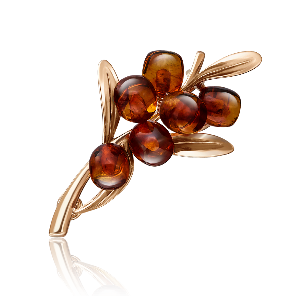 Брошь «Облепиха» из красного золота с янтарём