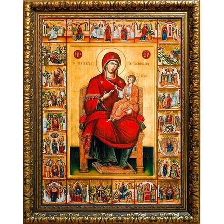 Акафистная икона с клеймами. Икона Божьей Матери на холсте.