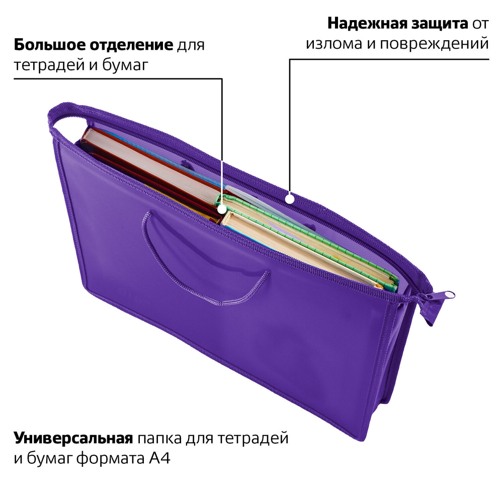 Папка на молнии с ручками ПИФАГОР, А4, пластик, молния сверху, однотонная фиолетовая, 228237