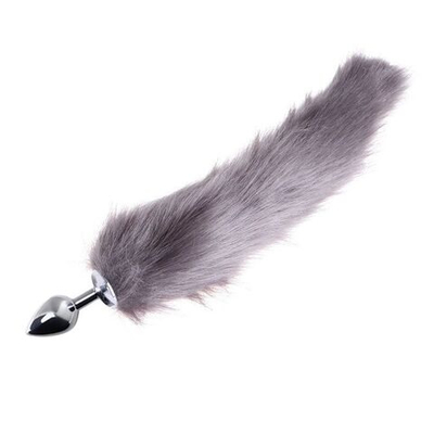 Серебристая анальная пробка размера с длинным серым хвостом (Цвет: серый)