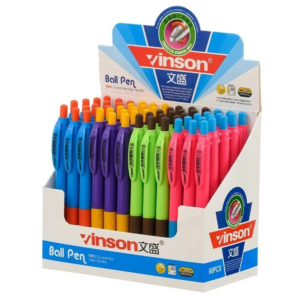 Ручка шариковая, масляная, автоматическая, Vinson, синие чернила, цветной корпус, набор 60 шт