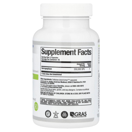 Arthur Andrew Medical, Serretia®, чистая серрапептаза, 90 капсул (125 000 SPU в 1 капсуле)