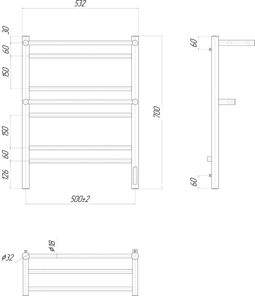 Полотенцесушитель электрический Lemark Pramen LM33707Z П7 500x700, диммер справа, хром