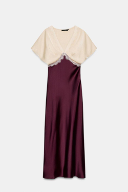 ZARA АТЛАСНОЕ ПЛАТЬЕ МИДИ С КОМБИНИРОВАННЫМ КРУЖЕВОМ, БУРГУНДИ